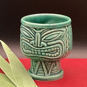 Vtg Tiki Farm Ku Mask Drum Statue Farm Diablo Munk Green Shot Glass